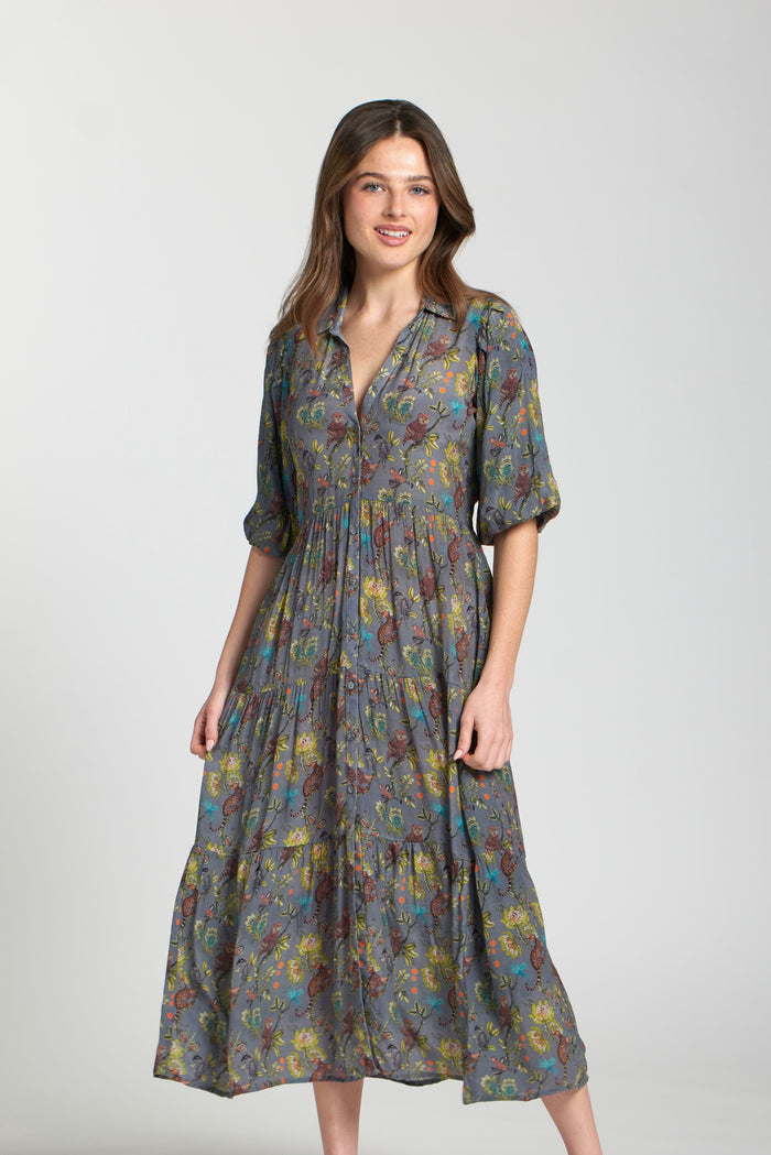 JUNGLE GREY PRINT LONG TIER DRESS-APNY