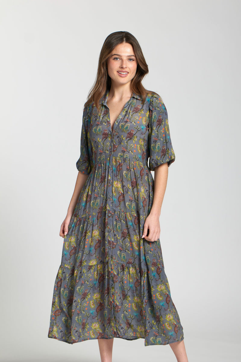JUNGLE GREY PRINT LONG TIER DRESS-APNY