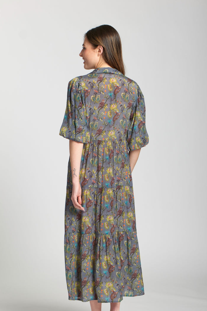 JUNGLE GREY PRINT LONG TIER DRESS-APNY