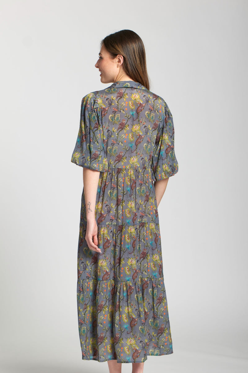 JUNGLE GREY PRINT LONG TIER DRESS-APNY