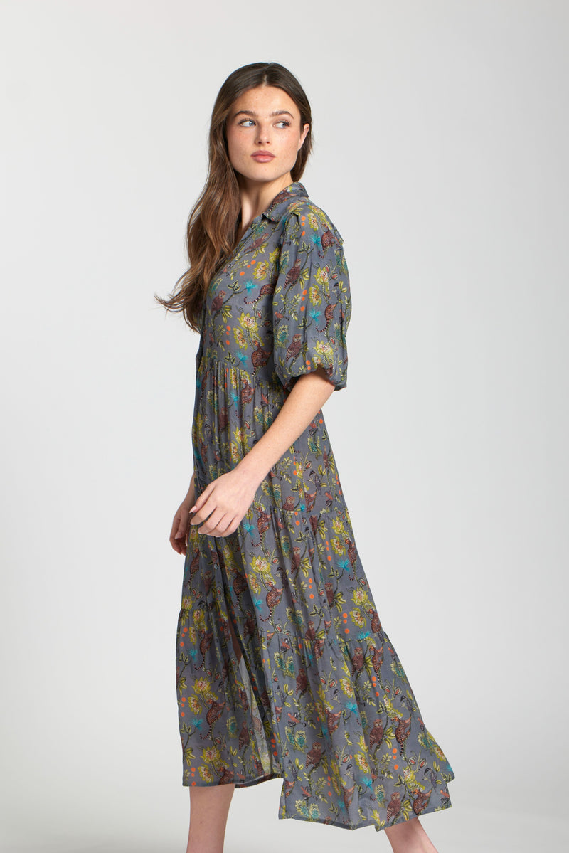 JUNGLE GREY PRINT LONG TIER DRESS-APNY