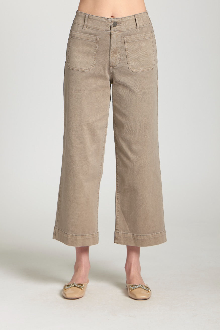 Front view of taupe wide-leg crop pants with large utility pockets