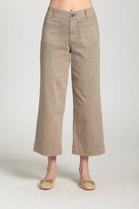 Front view of taupe wide-leg crop pants with large utility pockets