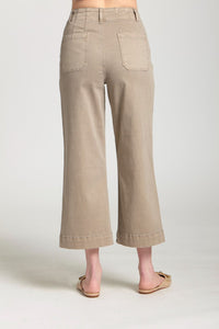 Back view of taupe wide-leg crop pants showing rear pockets and cropped hem