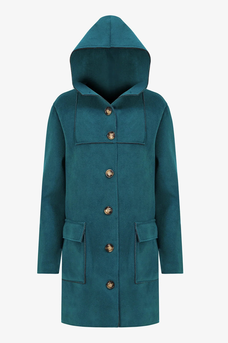 Front view of teal wool coat with hood and button closure