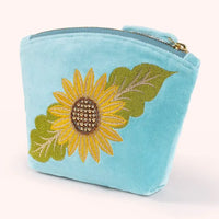 SUMMER SUNFLOWER EMBROIDERED VELVET MINI POUCH-POWDER
