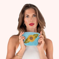 SUMMER SUNFLOWER EMBROIDERED VELVET MINI POUCH-POWDER