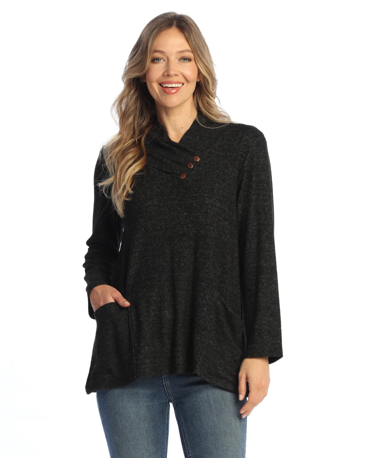 HACCI BRUSHED FOLDOVER NECK W/BUTTONS-BLACK-JESS AND JANE