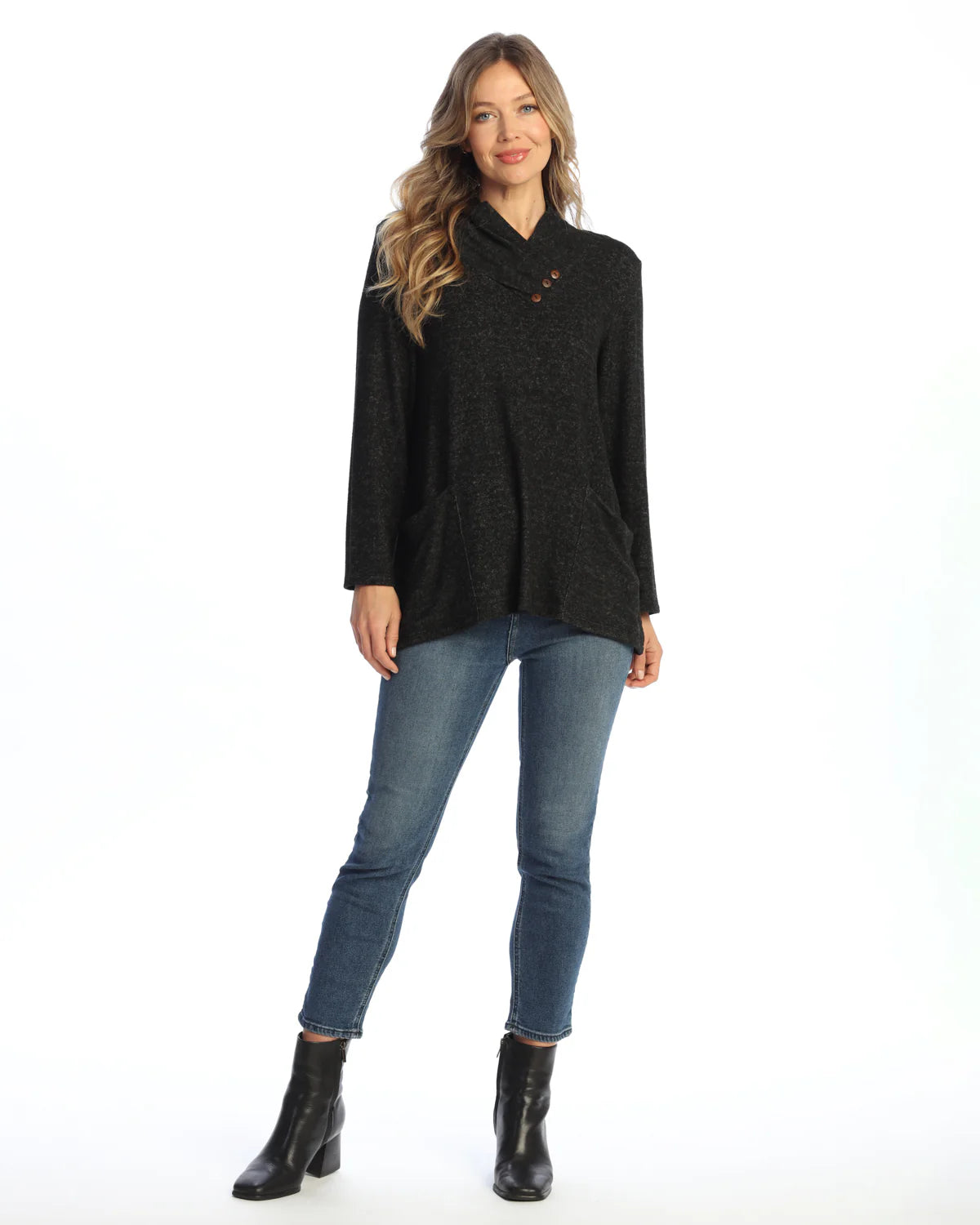 HACCI BRUSHED FOLDOVER NECK W/BUTTONS-BLACK-JESS AND JANE