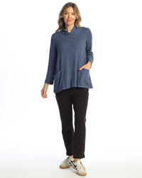 HACCI BRUSHED FOLDOVER NECK W/BUTTONS-COBALT-JESS AND JANE