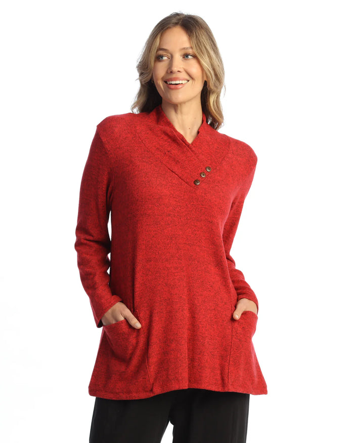 HACCI BRUSHED FOLDOVER NECK W/BUTTONS-RED-JESS AND JANE