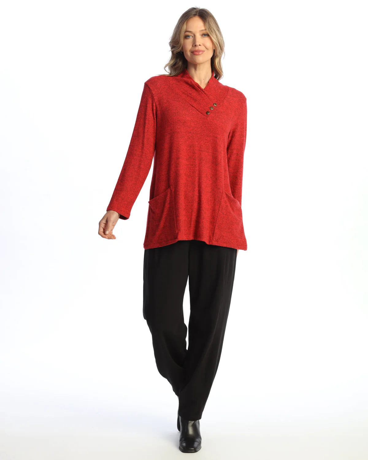 HACCI BRUSHED FOLDOVER NECK W/BUTTONS-RED-JESS AND JANE