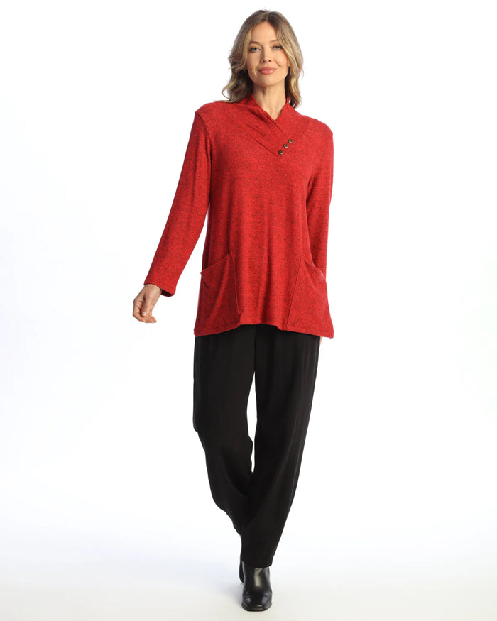 HACCI BRUSHED FOLDOVER NECK W/BUTTONS-RED-JESS AND JANE