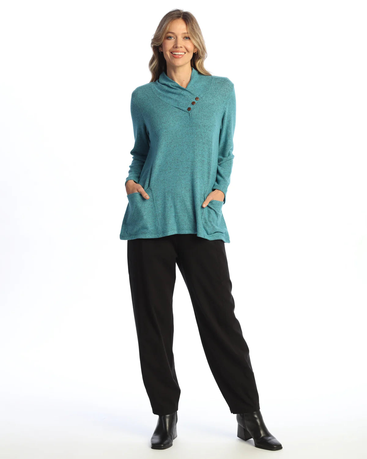 HACCI BRUSHED FOLDOVER NECK W/BUTTONS-TEAL-JESS AND JANE