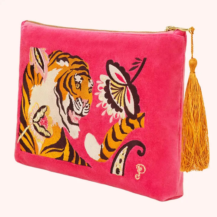 THRILL OF THE TIGER VELVET ZIP BAG-POWDER