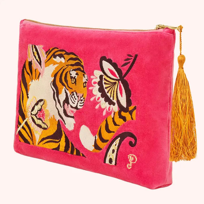 THRILL OF THE TIGER VELVET ZIP BAG-POWDER