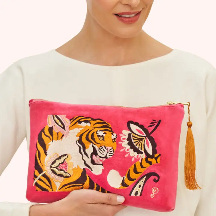 THRILL OF THE TIGER VELVET ZIP BAG-POWDER