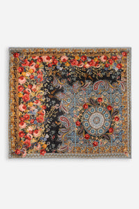 Velvet throw blanket featuring vintage floral and paisley print with gold border