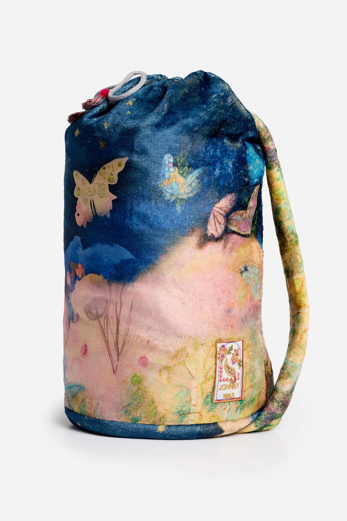 Drawstring bag with whimsical butterfly, star, and pastel landscape design