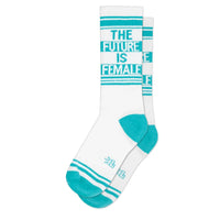 Pair of white and teal socks with 'The Future Is Female' text and striped details