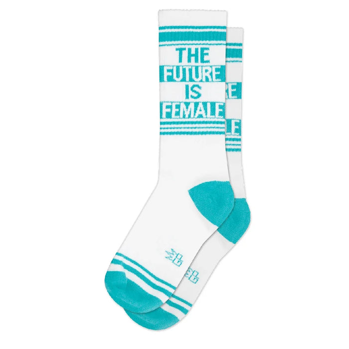 Pair of white and teal socks with 'The Future Is Female' text and striped details