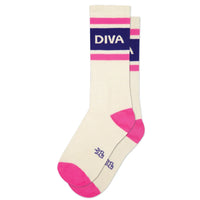 Pair of retro gym socks in white with pink toes and heels, featuring bold DIVA lettering and stripes