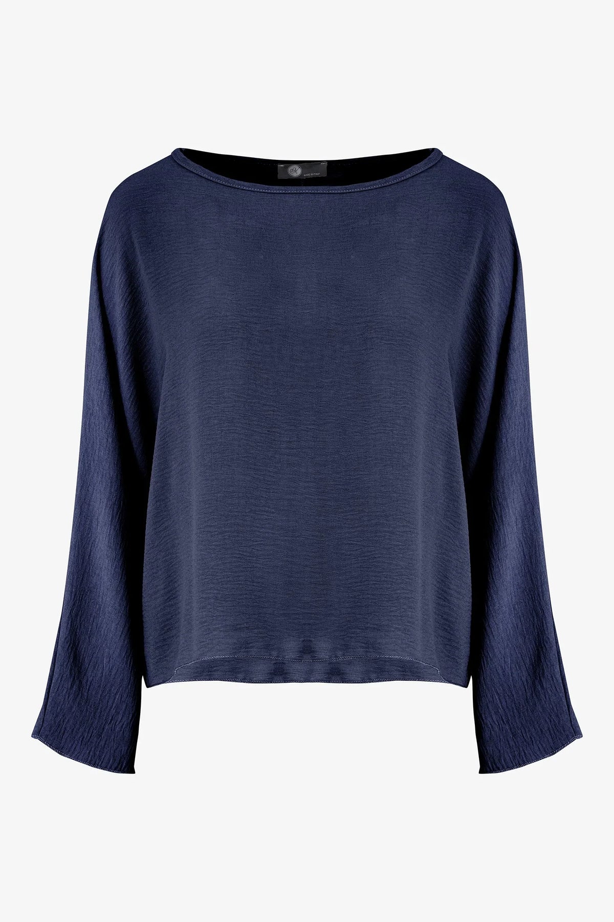 Front view of a women's navy relaxed fit long sleeve top with a round neckline