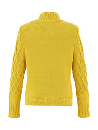 Back view of a cozy yellow cable knit turtleneck sweater with textured sleeves