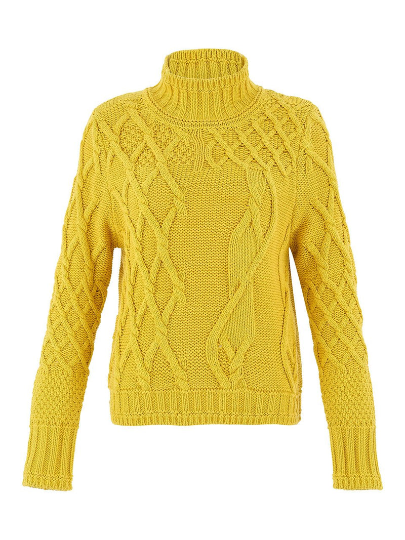 Front view of a yellow cable knit turtleneck sweater with unique textured patterns