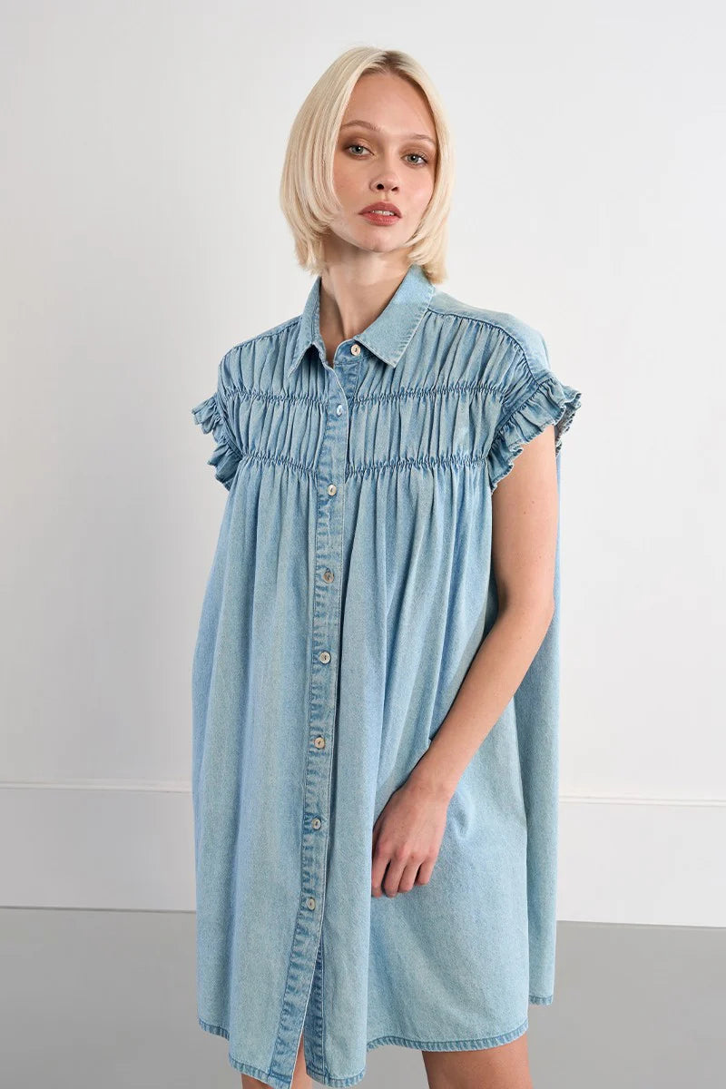 Cotton smocked dress with a denim effect