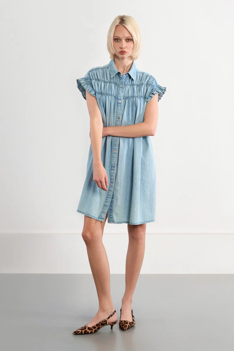 COTTON SMOCKED DENIM DRESS-MOLLY BRACKEN