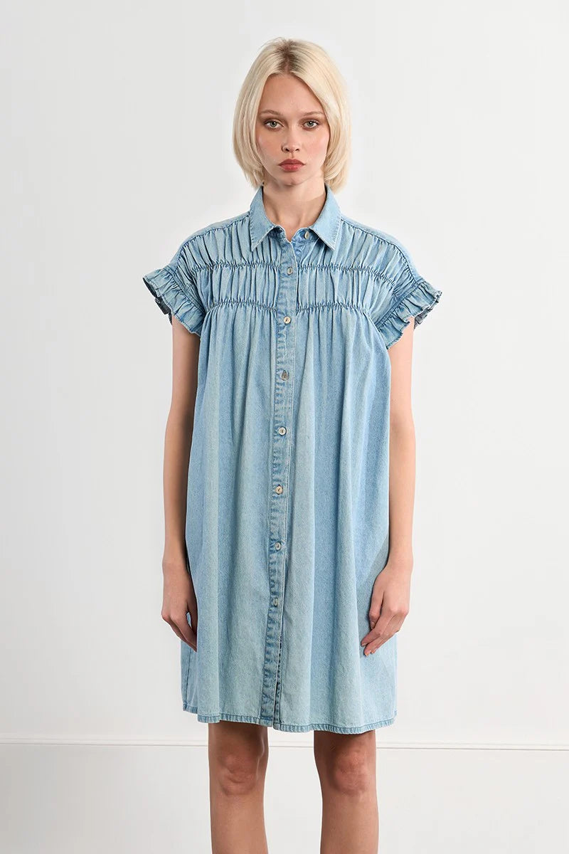 COTTON SMOCKED DENIM DRESS-MOLLY BRACKEN