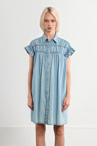 COTTON SMOCKED DENIM DRESS-MOLLY BRACKEN