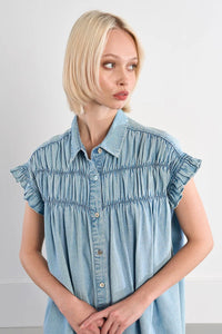 COTTON SMOCKED DENIM DRESS-MOLLY BRACKEN