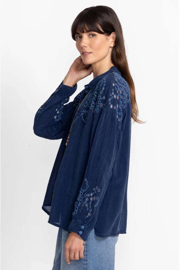 LOTUS EYELET BUTTON DOWN-BLUE NIGHT-JOHNNY WAS