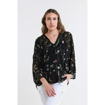 GARDEN VIOLA 3/4 SILK EMBROIDED BLOUSE-ONE SIZE-TEES BY TINA