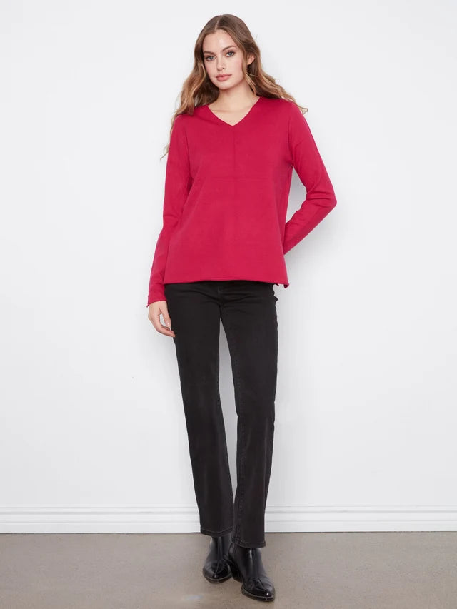 BASIC LONG SLEEVE V-NECK SWEATER-CHERRY-CHARLIE B
