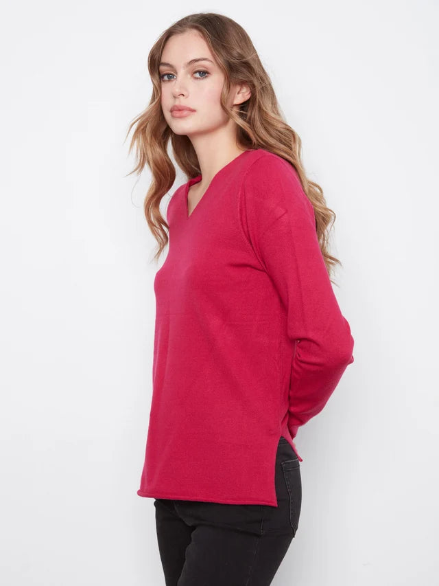 BASIC LONG SLEEVE V-NECK SWEATER-CHERRY-CHARLIE B