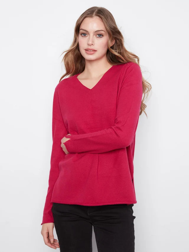 BASIC LONG SLEEVE V-NECK SWEATER-CHERRY-CHARLIE B
