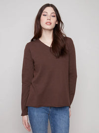 BASIC LONG SLEEVE V-NECK SWEATER-HEATHER MOCHA-CHARLIE B