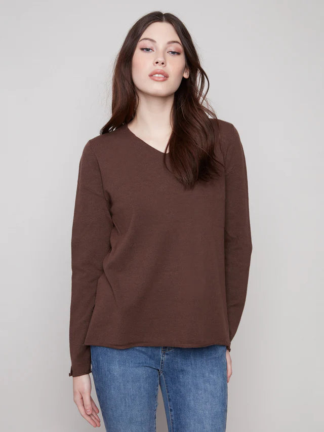 BASIC LONG SLEEVE V-NECK SWEATER-HEATHER MOCHA-CHARLIE B