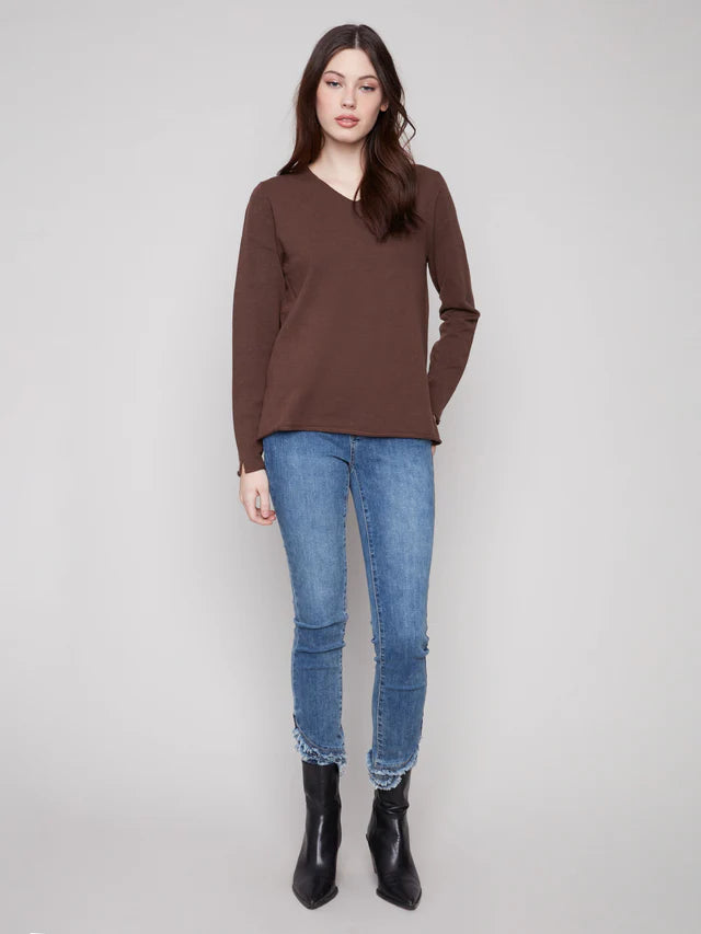 BASIC LONG SLEEVE V-NECK SWEATER-HEATHER MOCHA-CHARLIE B