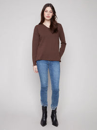 BASIC LONG SLEEVE V-NECK SWEATER-HEATHER MOCHA-CHARLIE B