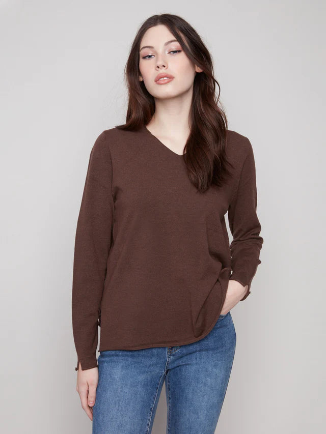 BASIC LONG SLEEVE V-NECK SWEATER-HEATHER MOCHA-CHARLIE B