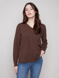 BASIC LONG SLEEVE V-NECK SWEATER-HEATHER MOCHA-CHARLIE B