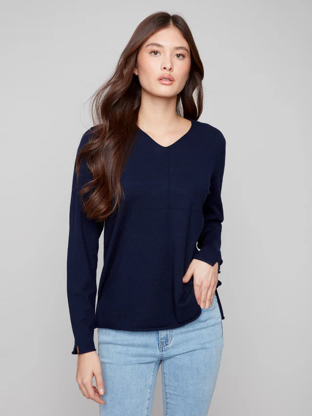 BASIC LONG SLEEVE V-NECK SWEATER-NAVY-CHARLIE B