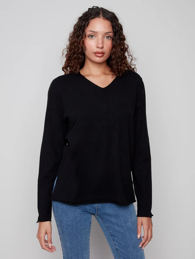 BASIC LONG SLEEVE V-NECK SWEATER-BLACK-CHARLIE B