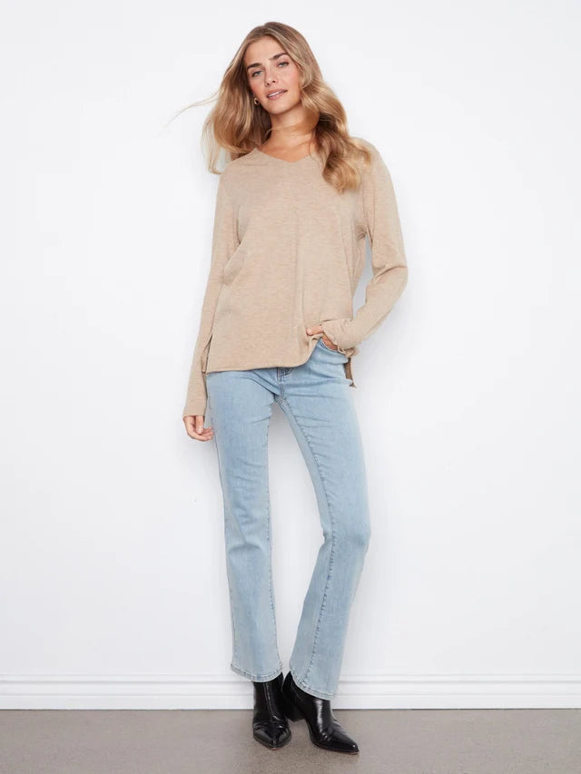 BASIC LONG SLEEVE V-NECK SWEATER-WALNUT-CHARLIE B