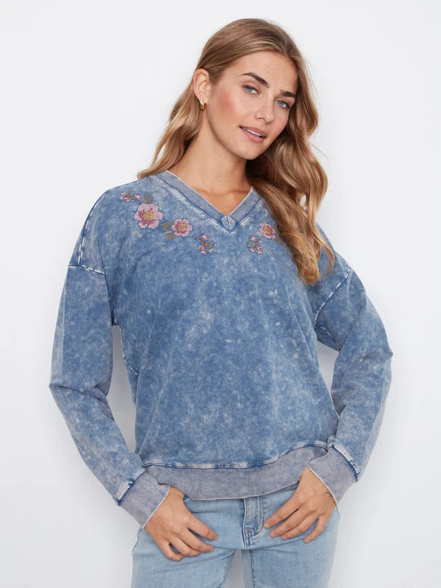 L/S V-NECK EMBROIDERED TOP-CHARLIE B