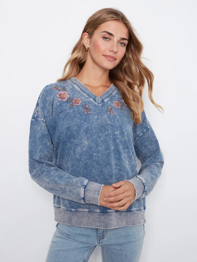 L/S V-NECK EMBROIDERED TOP-CHARLIE B